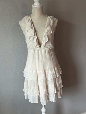 HYFVE Ivory Ruffled V-Neck Tiered Mini Dress